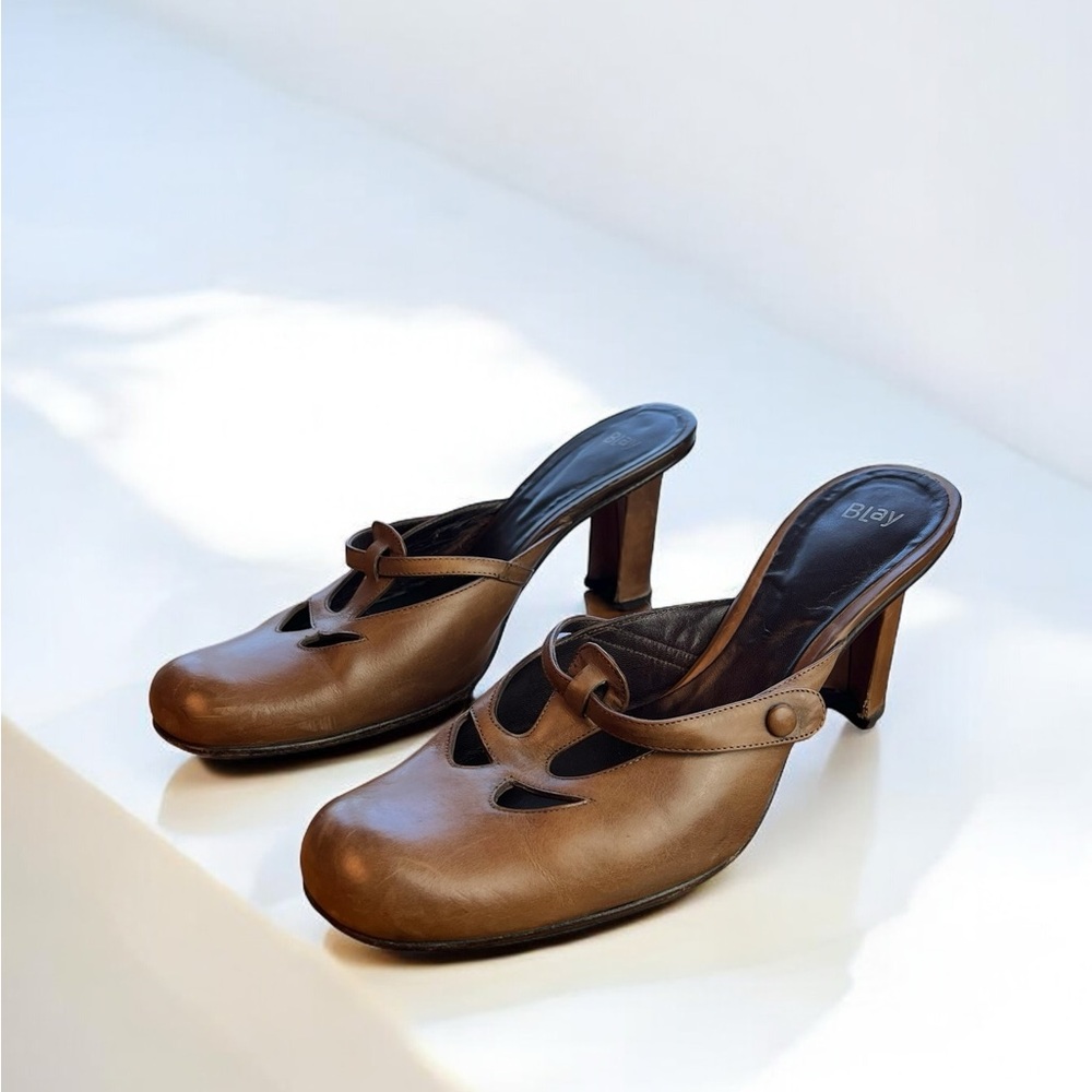 Blay Brown Leather Mary Jane Mules Heels